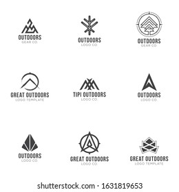 Outdoors logos. Set of outdoors, nature, wilderness abstract shapes. Vintage adventure elements for badges, emblems design.