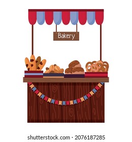 Outdoors Market Stall Counter Tent For Sale Bakery Products Isolated On White Background. Flat Vector Illustration