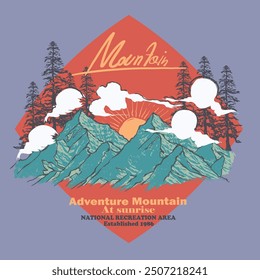 Diseño de impresión de montaña al aire libre, camiseta de montaña vintage dibujada a mano, diseño de sudadera, estampados de verano para vibraciones de montaña, eps
