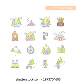 Outdoors, nature activities line icon set. Colorful, cute camping and hiking icons, editable stroke.