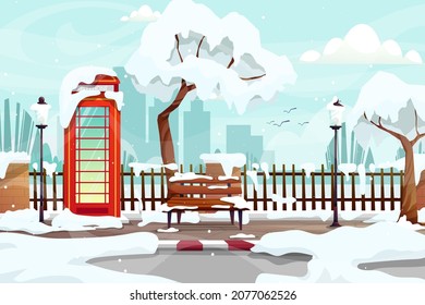 Outdoors nature park in town covered with snow in winter. vector illustration