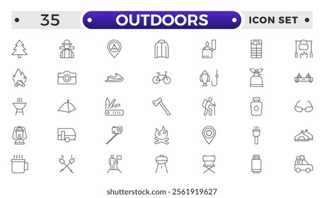 Outdoors outline icon set .The set includes a Camping, Hiking, Compass, Mountain, Fishing, Tourism, Carabiner, Climbing, Kayak, Map, Flashlight, Picnic, Bench, Bicycle, Recreation, Outdoor, Nature.
