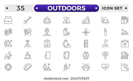 Outdoors outline icon set .The set includes a Camping, Hiking, Compass, Mountain, Fishing, Tourism, Carabiner, Climbing, Kayak, Map, Flashlight, Picnic, Bench, Bicycle, Recreation, Outdoor, Nature.
