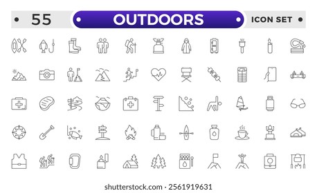 Outdoors outline icon set .The set includes a Camping, Hiking, Compass, Mountain, Fishing, Tourism, Carabiner, Climbing, Kayak, Map, Flashlight, Picnic, Bench, Bicycle, Recreation, Outdoor, Nature.
