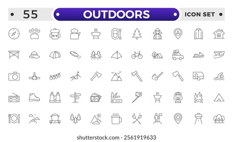 Outdoors outline icon set .The set includes a Camping, Hiking, Compass, Mountain, Fishing, Tourism, Carabiner, Climbing, Kayak, Map, Flashlight, Picnic, Bench, Bicycle, Recreation, Outdoor, Nature.
