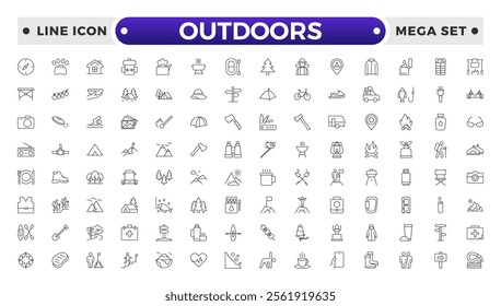 Outdoors outline icon set .The set includes a Camping, Hiking, Compass, Mountain, Fishing, Tourism, Carabiner, Climbing, Kayak, Map, Flashlight, Picnic, Bench, Bicycle, Recreation, Outdoor, Nature.
