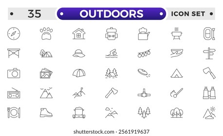 Outdoors outline icon set .The set includes a Camping, Hiking, Compass, Mountain, Fishing, Tourism, Carabiner, Climbing, Kayak, Map, Flashlight, Picnic, Bench, Bicycle, Recreation, Outdoor, Nature.
