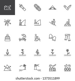 Outdoors, recreation line icons set. linear style symbols collection outline signs pack. vector graphics. Set includes icons as Camping tent, Climbing wall, fishing rod, Sunbathing, Surfing, Mountains