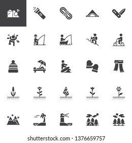 Outdoors, recreation vector icons set, modern solid symbol collection, filled style pictogram pack. Signs, logo illustration. Set includes icons as Camping tent, Climbing wall, fishing rod, Sunbathing