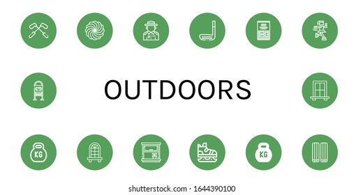 outdoors simple icons set. Contains such icons as Golf, Marshmallow, Ranger, Golf stick, Ice skate, Kettlebell, Window, Bus stop, can be used for web, mobile and logo