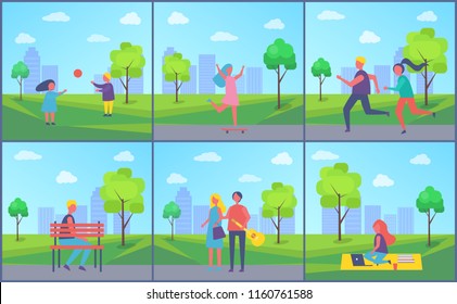 Outdoors summer activities set. Boy sitting alone on bench, couple walking with guitar, girl skateboarding, kids playing ball vector houses and greenery