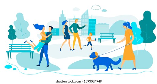 Outdoors Summer Time Activity. Men, Women and Little Kids Spending Time on Open Air. Playing with Children, Walking with Pets, Dating in City Park, Weekend Leisure. Cartoon Flat Vector Illustration