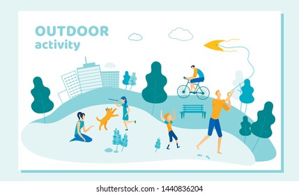 Outdoors Summer Time Activity. Men, Women and Little Kids Spending Time Open Air. Playing with Children, Walking with Pet, Biking in City Park, Weekend Leisure Cartoon Flat Vector Illustration, Banner