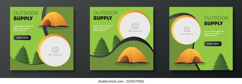 Outdoors supply store social media post, banner set, camping tent offer advertisement concept, travel hiking marketing square ad, abstract print, isolated on background.