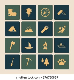 Outdoors tourism camping flat icons set of road mountain tree and nature isolated vector illustration