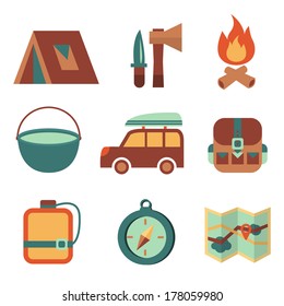 Outdoors tourism camping flat icons set of campfire tent backpack tools and map isolated vector illustration