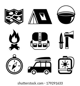 Outdoors tourism camping flat pictograms set of campfire tent backpack tools and map isolated vector illustration