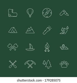 Outdoors tourism camping internet website elements of fire camp axe and boots isolated vector illustration