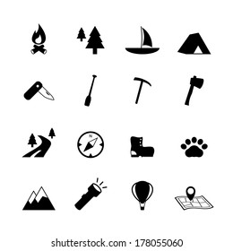 Outdoors tourism camping pictograms collection of compass tent flashlight and knife isolated vector illustration