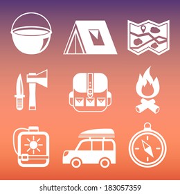 Outdoors tourism camping pictograms collection of compass tent campfire and knife isolated vector illustration