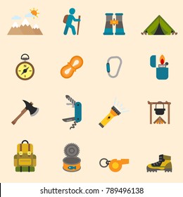 Outdoors Tourism Camping set design flat icons set.