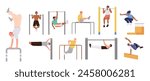 Outdoors training, parkour and calisthenics set with healthy strong and athletic sportsman
