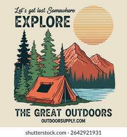 .outdoors t-shirt design. big pain tree and explore. Adventure Begins Vintage Camping Scene With Off-Road Vehicle And Campfire