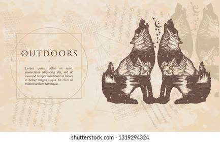 Outdoors. Two wolves double exposure. Renaissance background. Medieval manuscript, engraving art 