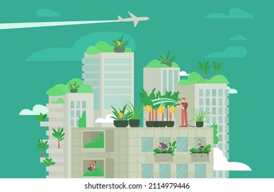 Outdoors urban roof farming graphic design with workers checking plants and harvesting. Controlled-environment smart agriculture. Green city concept. Vertically growing crops. Vector illustration.