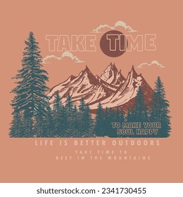 outdoors vector graphics for women's men's kids t-shirt, Mountain camping. Adventure vintage print design for t shirt and others. National park graphic artwork for sticker, poster, background.