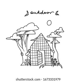 Outdoors. Vector outline illustration. Cartoon trees, sun, flowers outside the house. The concept of a house as a prison without nature. For cards, covers, prints, embroidery, emblem, tourism, park.