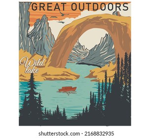 Outdoors vector print design. Explore hill artwork for posters, stickers, background and others.  Wild lake with ship illustration.