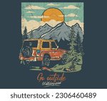 Outdoors vector print design for t-shirt. Mountain lake artwork. Car and camping design. Go outside print.
