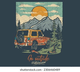 Outdoors vector print design for t-shirt. Mountain lake artwork. Car and camping design. Go outside print.