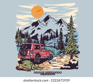 Outdoors vector print design for t-shirt Car and camping design. Go outside print.  Extreme adventure artwork for poster, sticker, background and others.