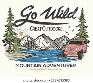 Outdoors vector print design for t-shirt Car and camping design. Go outside print. 