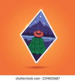 Outdoors Vector Retro Sticker, Pin, Stamp, Patch. Realistic Hand drawn illustration concept. Trendy Cartoon style of 50s 60s 70s. Adventure, Hiking, Camping, Summertime themes. Wanderlust Girl. 