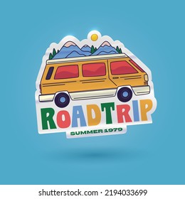 Outdoors Vector Retro Sticker, Pin, Stamp, Patch. Realistic Hand Drawn Illustration Concept. Trendy Cartoon Style Of 50s 60s 70s. Adventure, Hiking, Camping, Summertime Themes. RoadTrip. Camper. Van.