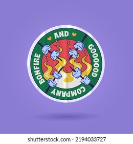 Outdoors Vector Retro Sticker, Pin, Stamp, Patch. Realistic Hand drawn illustration concept. Trendy Cartoon style of 50s 60s 70s. Adventure, Hiking, Camping, Summertime themes. Bonfire and Campfire.