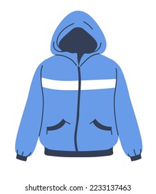 Outdoors windproof jacket with pockets and long sleeves, hood. Isolated clothes for autumn or spring colds, seasonal clothing for men and women. Trekking apparel outfits. Vector in flat style