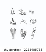 Outdoors winter sports snow activities amusement icon set collection, hand drawn doodle simple line vector illustrations, equipments ice skate snowboard ski sled snow shoe pictogram ice symbol holiday