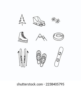 Outdoors winter sports snow activities amusement icon set collection, hand drawn doodle simple line vector illustrations, equipments ice skate snowboard ski sled snow shoe pictogram ice symbol holiday