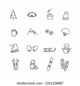 Outdoors winter sports snow activities complete icon set collection, hand drawn doodle simple line vector illustrations, equipments ice skate snowboard ski sled snow shoe pictogram ice symbol holiday