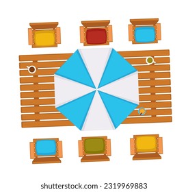 Outdoors wooden table with umbrella and chairs, isolated furniture for outside, garden or yard. Desk with cups of tea or coffee, summer season vacation or rest at home. Vector in flat styles