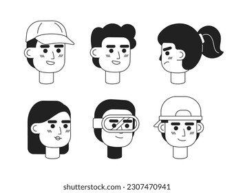 Outdoorsy guys, brunette women monochrome flat linear character heads set. Happy people. Editable outline hand drawn human face icons. 2D cartoon spot vector avatar illustration pack for animation