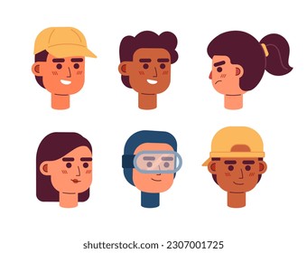 Outdoorsy guys, brunette women semi flat vector character heads set. Happy people. Editable cartoon avatars icons. Face emotions. Colorful spot illustration pack for web graphic design, animation