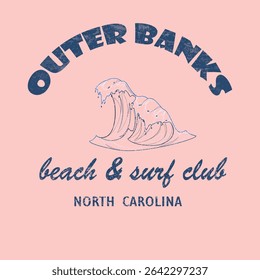 Outer Banks North Carolina Beach e Surf Club Design.
 Design de clube de praia estilo retrô com pranchas de surfe e tema de praia, ideal para camisetas de verão e mercadorias relacionadas com surf.
