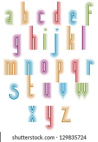 Outer Echo typeset, striped retro 70s style font, trendy geometric letters vector alphabet, vintage typeface. Lowercase letters set. Vector.