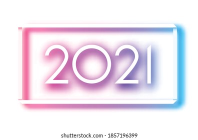 Outer glowing 2021 sign in square paper frame. Blue and pink gradient. Vector holiday illustration.