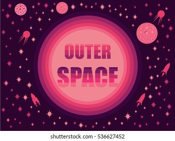 Outer space in 80's retro style. Space travel, asteroids and space ships. Vector illustration.